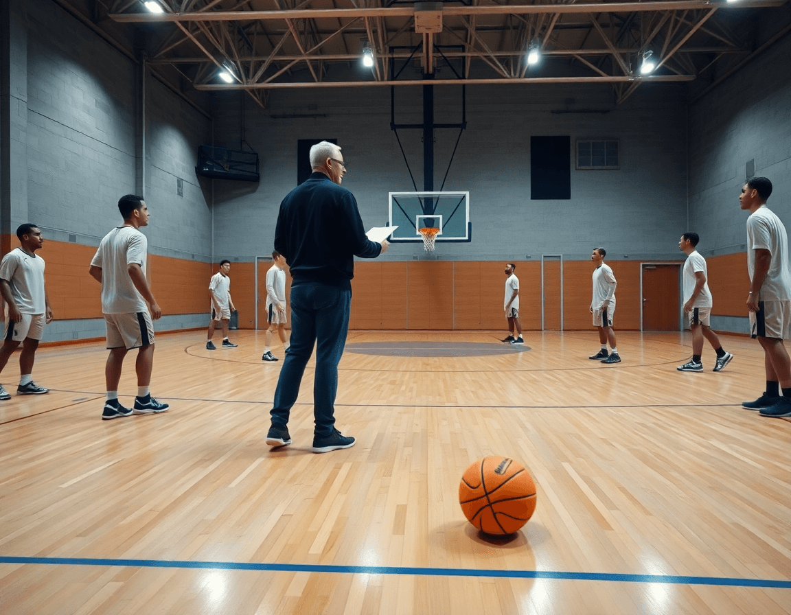 Scena ampia in una palestra di basketball con coach e squadra durante l'allenamento.