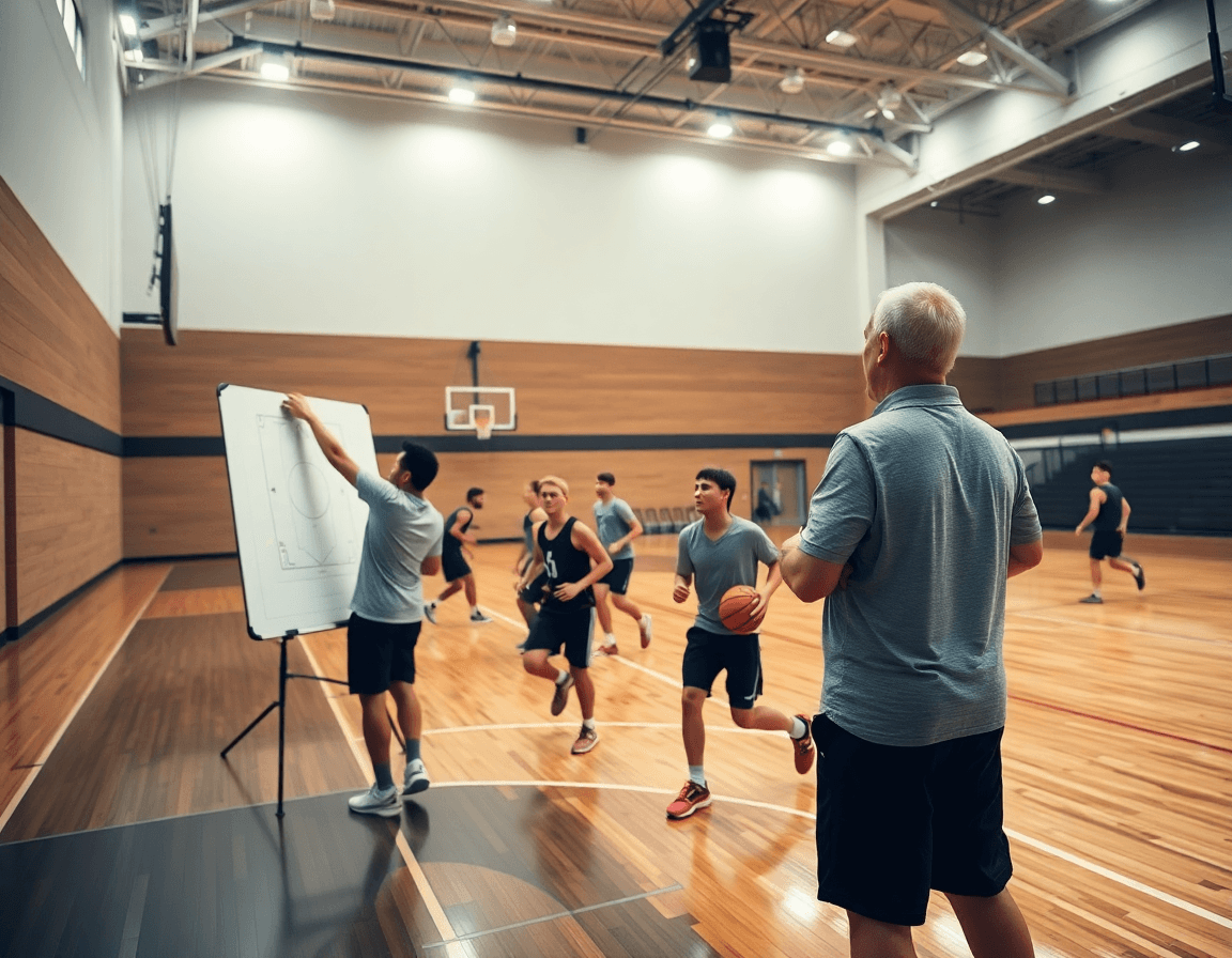 Allenamento timnas basket u18 indonesia: coach con clipboard guida una squadra sul parquet.