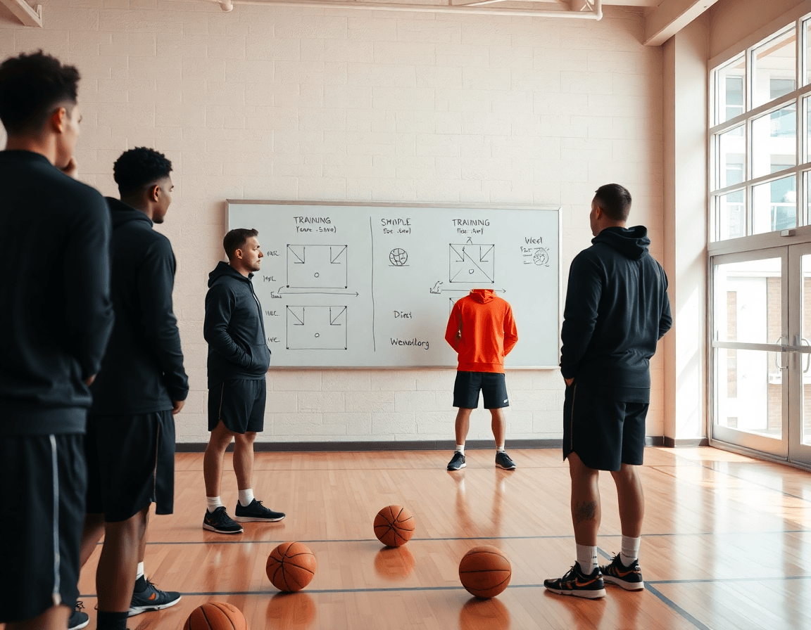 Coach indica i blocchi di allenamento e tabelle tattiche sul lavagna durante una sessione di basket.