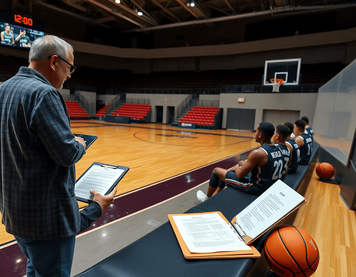 Analisi rivali: coach mostra note di scouting su tablet mentre i giocatori osservano.