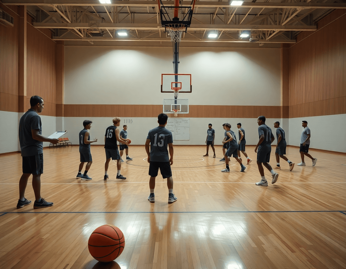 Timnas basket u16 indonesia in palestra: allenatore con lavagna tattica guida una sessione di basket.