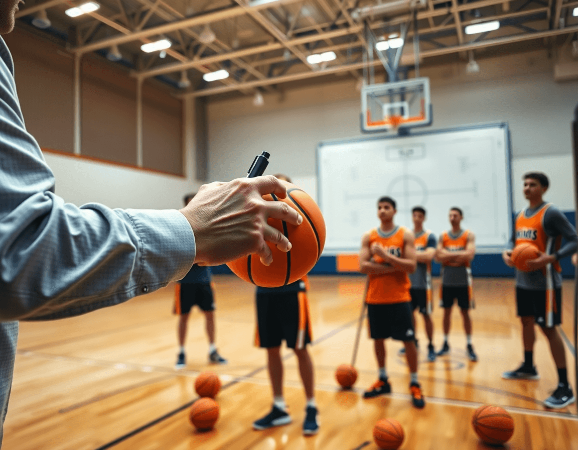 Primo piano sull'allenatore: lavagna tattica e palloni da basketball, squadra in allenamento.