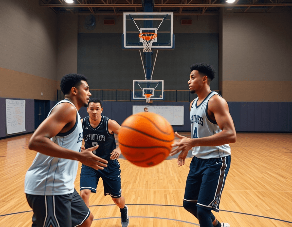 Due giocatori vicino al top dell'area eseguono un drill di basketball mentre l'allenatore indica la lavagna tattica.