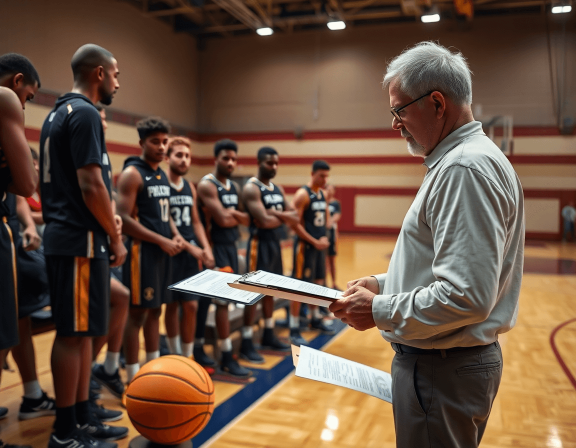 Allenatore e giocatori osservano una scouting report in palestra, con palloni da basketball sparsi sul parquet.