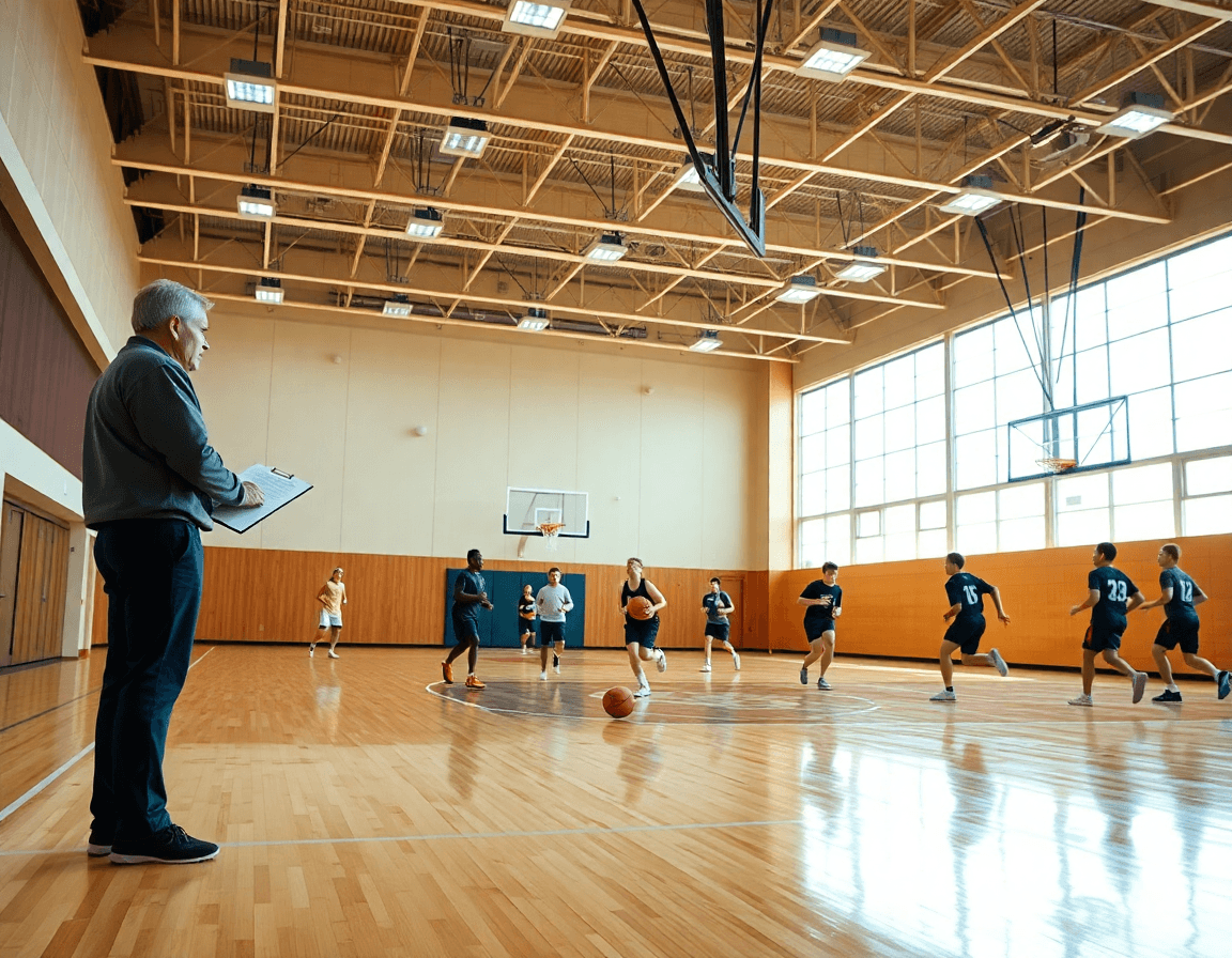 Top Basket in palestra: allenatore guida la squadra durante una sessione di basketball in palestra.