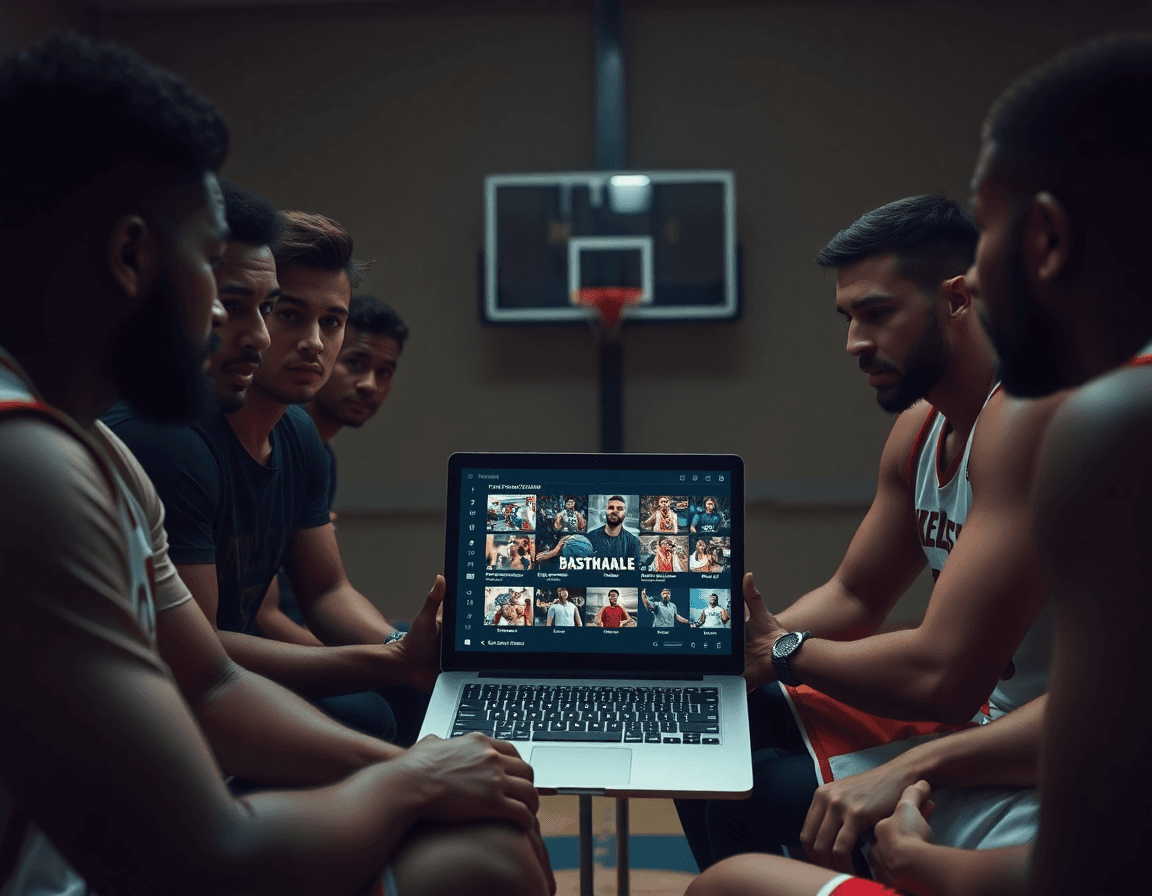 Igrači gledaju video playlistu na laptopu dok trener koristi elektronska košarkaška tabla sa brojačem za sledeći snimak.