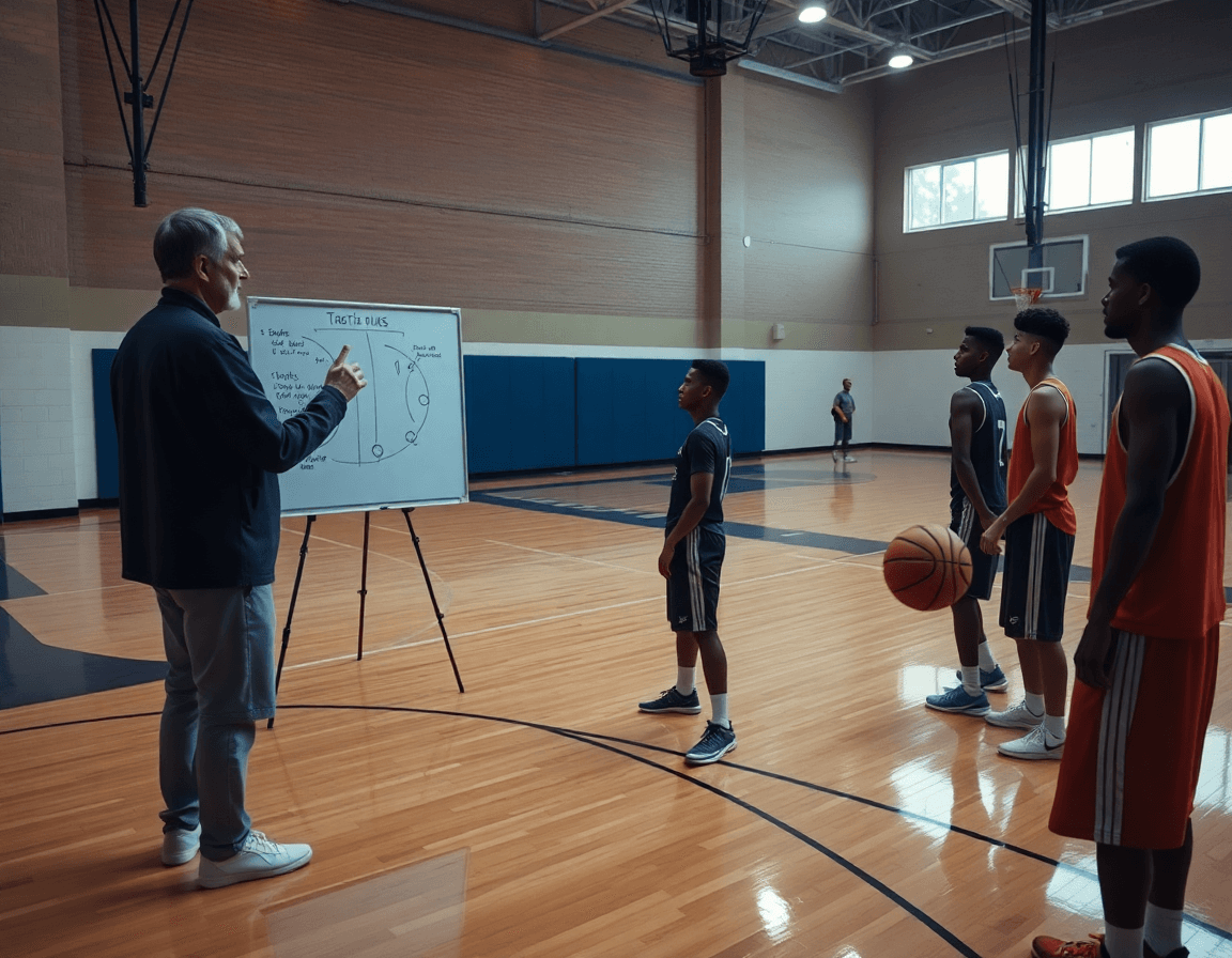 Snima se trener dok koristi tablu i video zapis da objasni fiba pravila kosarke igračima.