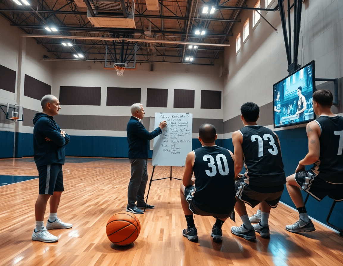 Trener i asistent analiziraju protivničke snage na tabli i prate video snimke uz fiba pravila kosarke.