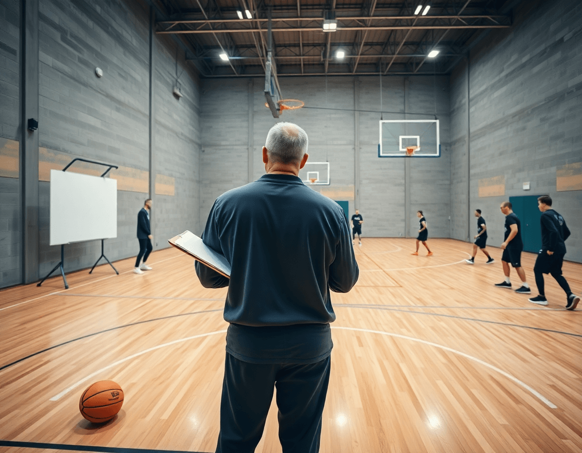Individualni trening košarke maribor: trener sa tablom pred grupom igrača na hardwood terenu.