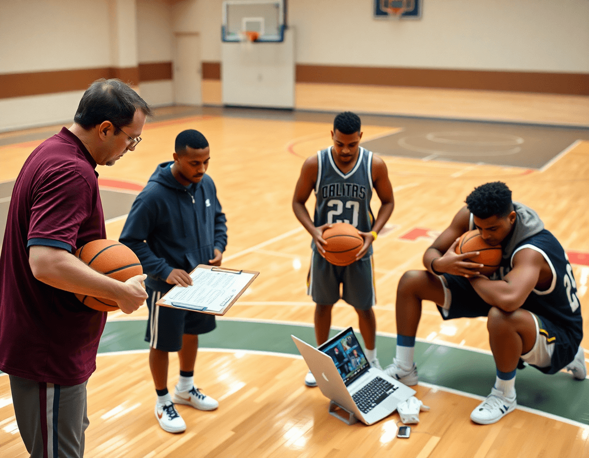 Kadeti kosarka liga: trener i asistenti pregledaju beleške i video snimke protivnika dok igrači drže basketball.