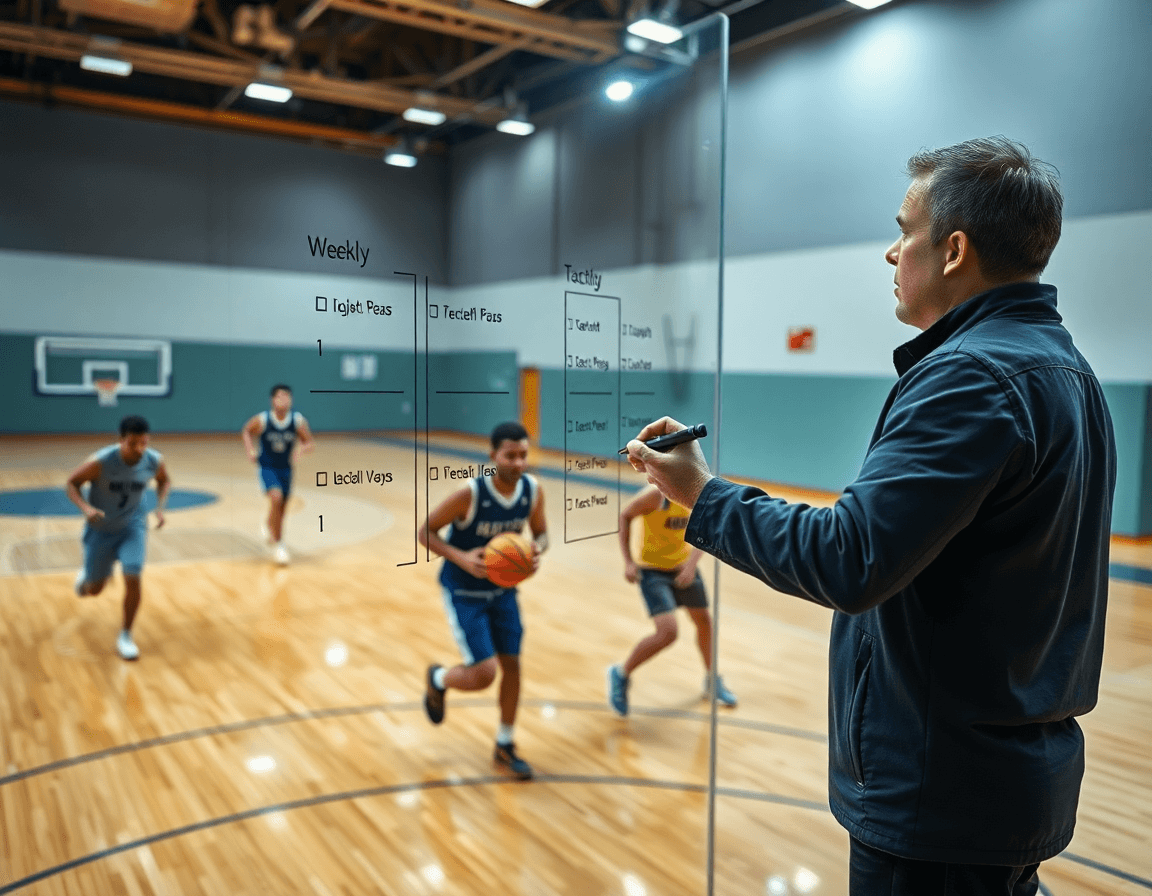Kadar fokusira staklenu tabla za kosarku dok tim radi drill na hardwood terenu.