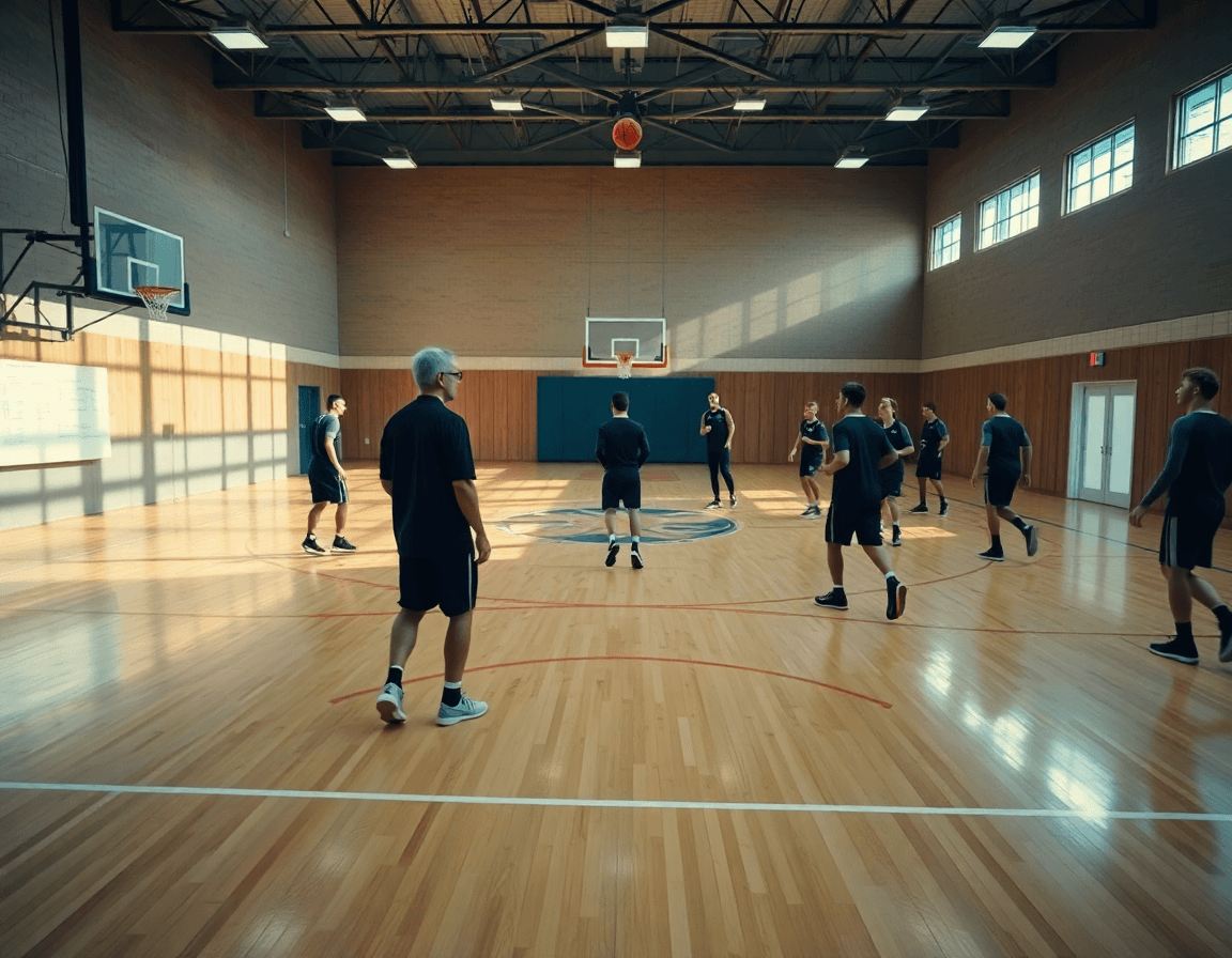 Širok kadar teretane dok tim vežba hks mini kosarka uz tablu i koševe.