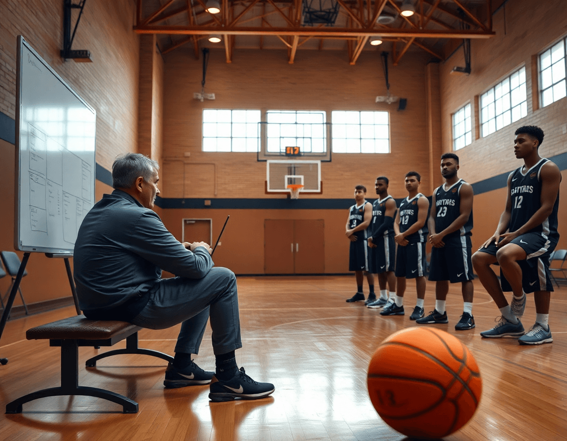 Trener sedi uz klupu dok na laptopu prikazuje video klip, a basketball igrači pažljivo gledaju u teretani.