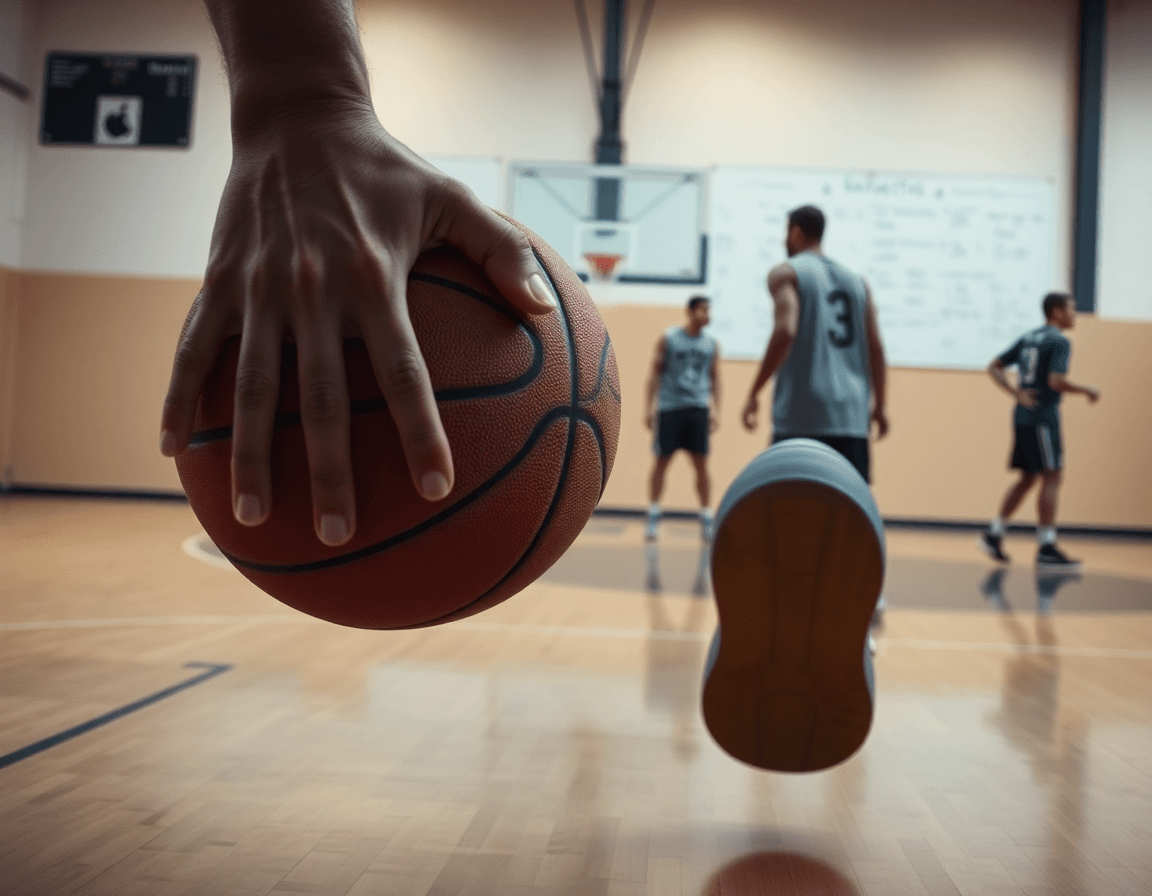 Zatvoren kadar ruke driblaju loptu za košarku; mladji pioniri kosarka liga u dvorani.