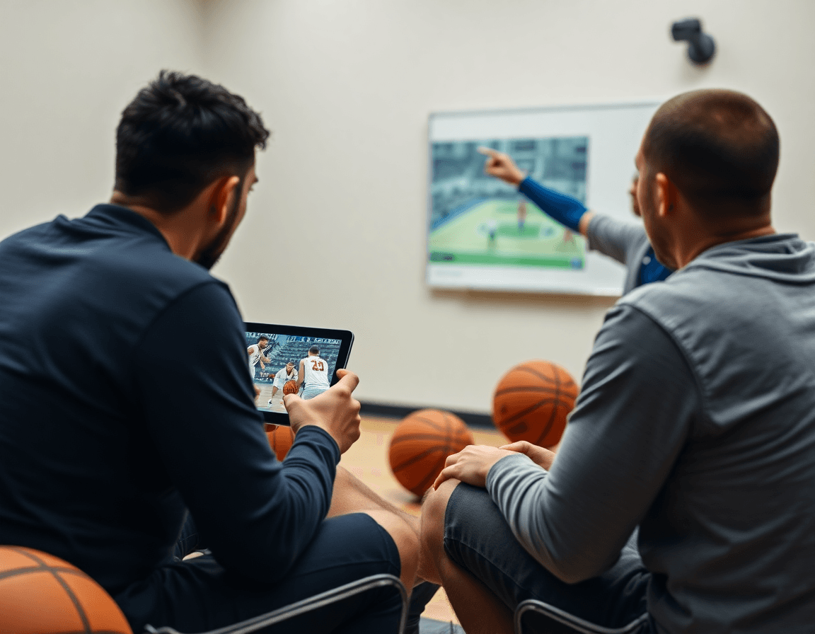 Deca gledaju basketball na tabletu dok trener objašnjava taktiku u skola kosarke za decu zvezdara.
