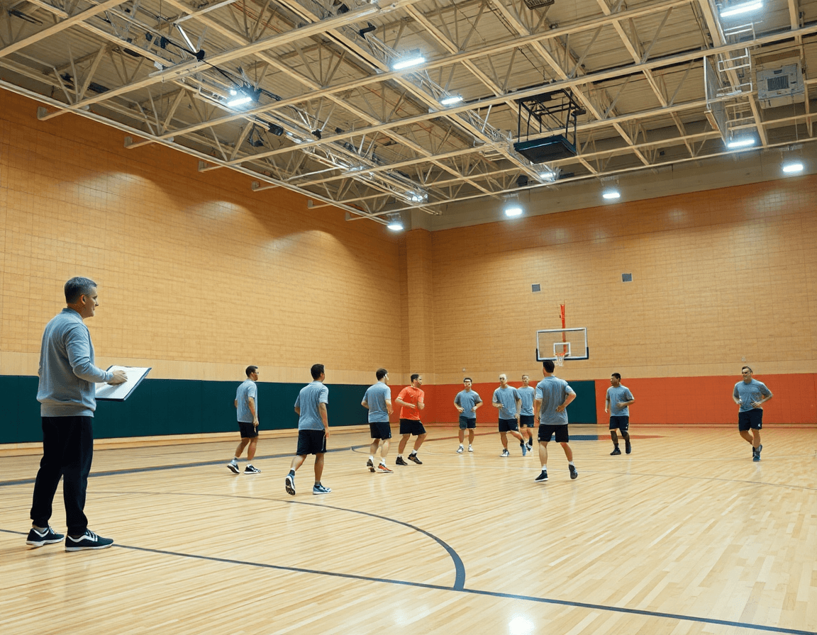 široka snimka teretane tokom treninga u kosarkaski klub, trener sa tablom za zapisivanje i igrači u dresovima.