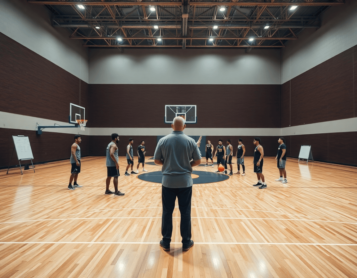 Širok kadar basketball terena; kosarkaski trener partizana vodi trening sa timom bez identiteta.