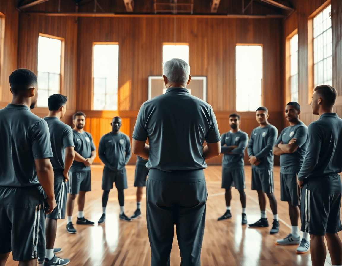 Basketball coach leading a team practice in a gym