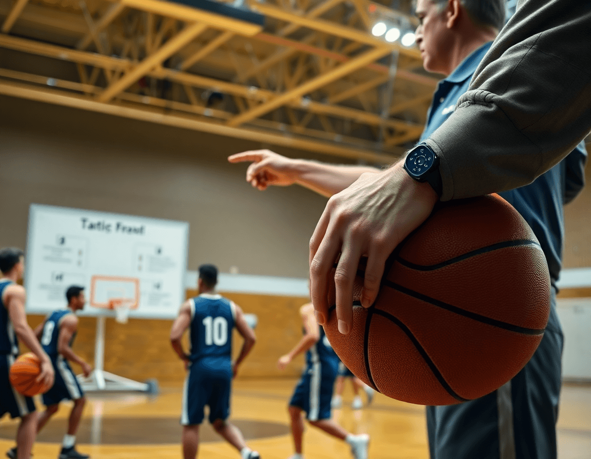 Bliski kadar ruku koje drže basketball, trener pokazuje taktiku kosarka uzivo utakmice na tabli.
