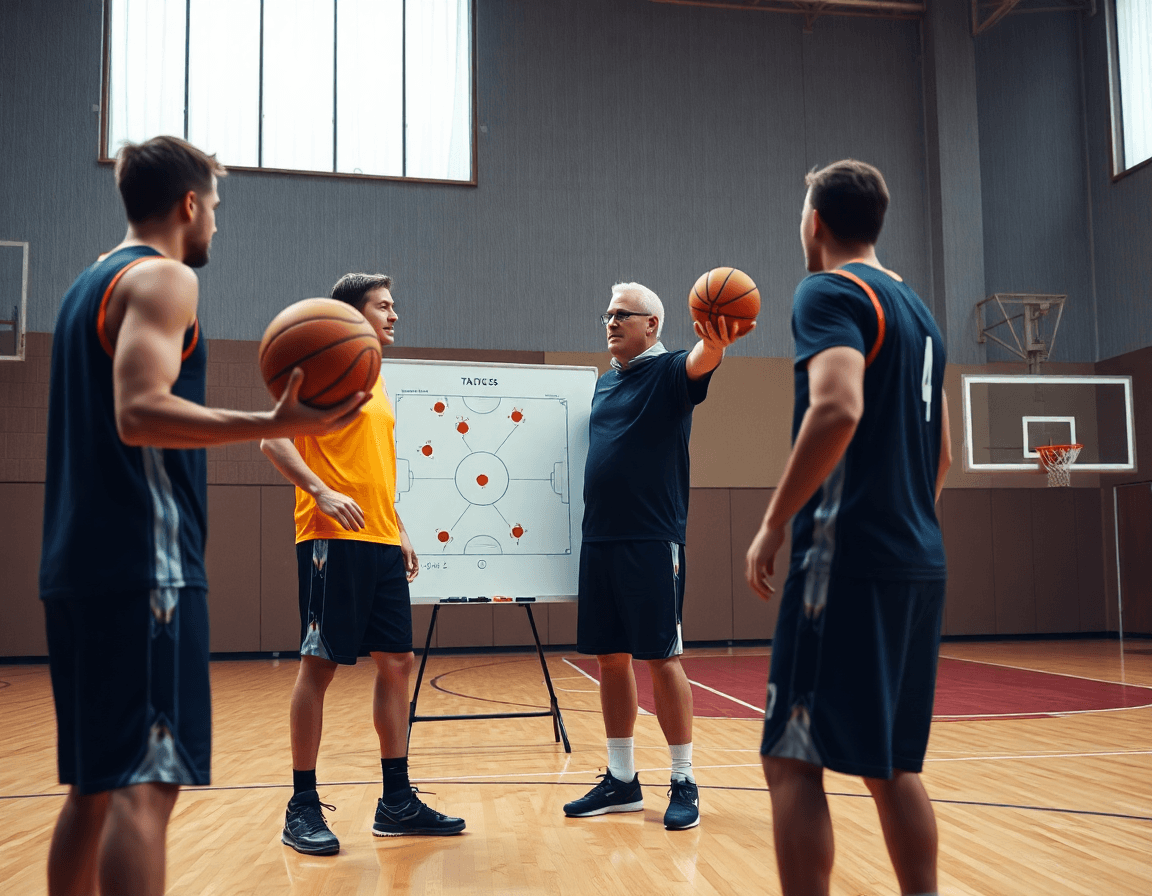 Kadar sa trener košarke nemačke kako pokazuje potez na tabli dok dva igrača dodaju basketball.