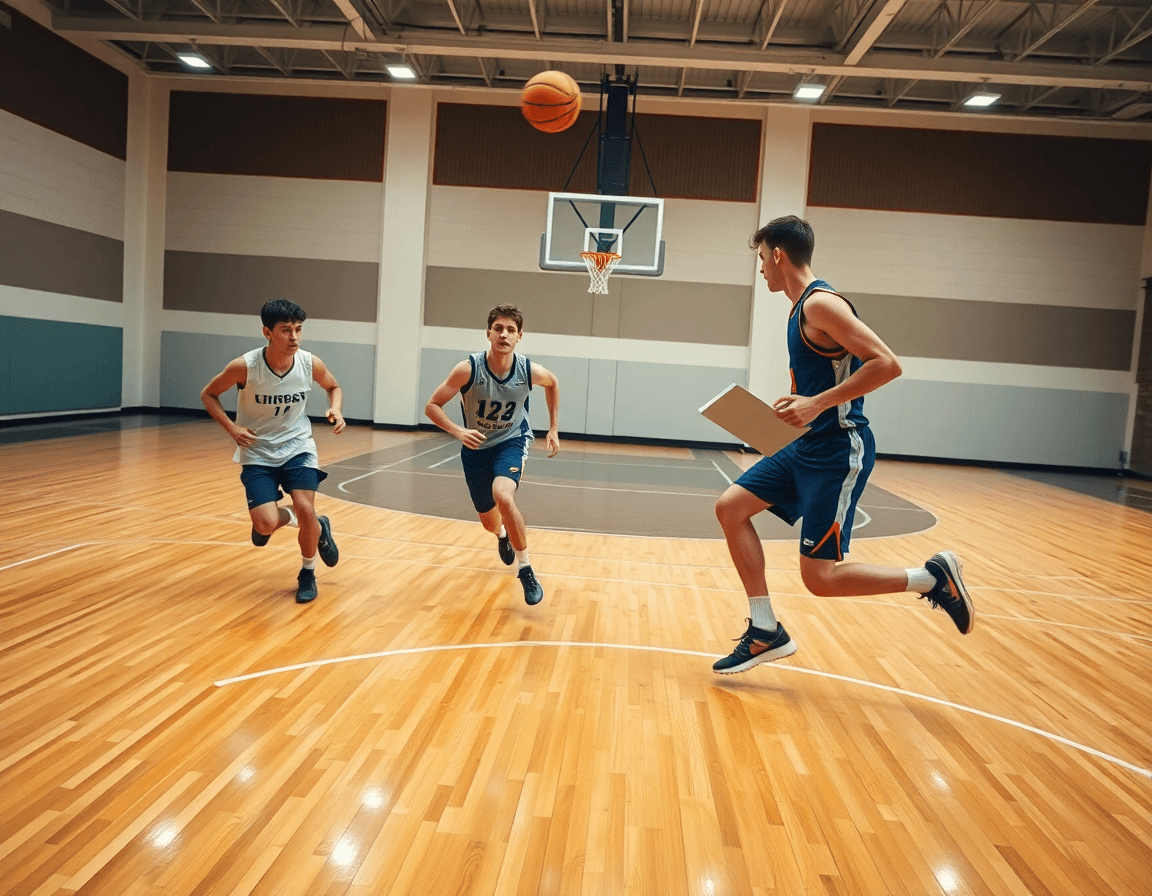 Kadar sa tri igrača u kontri, trener nemačke drži tablu dok basketball leti ka košu.