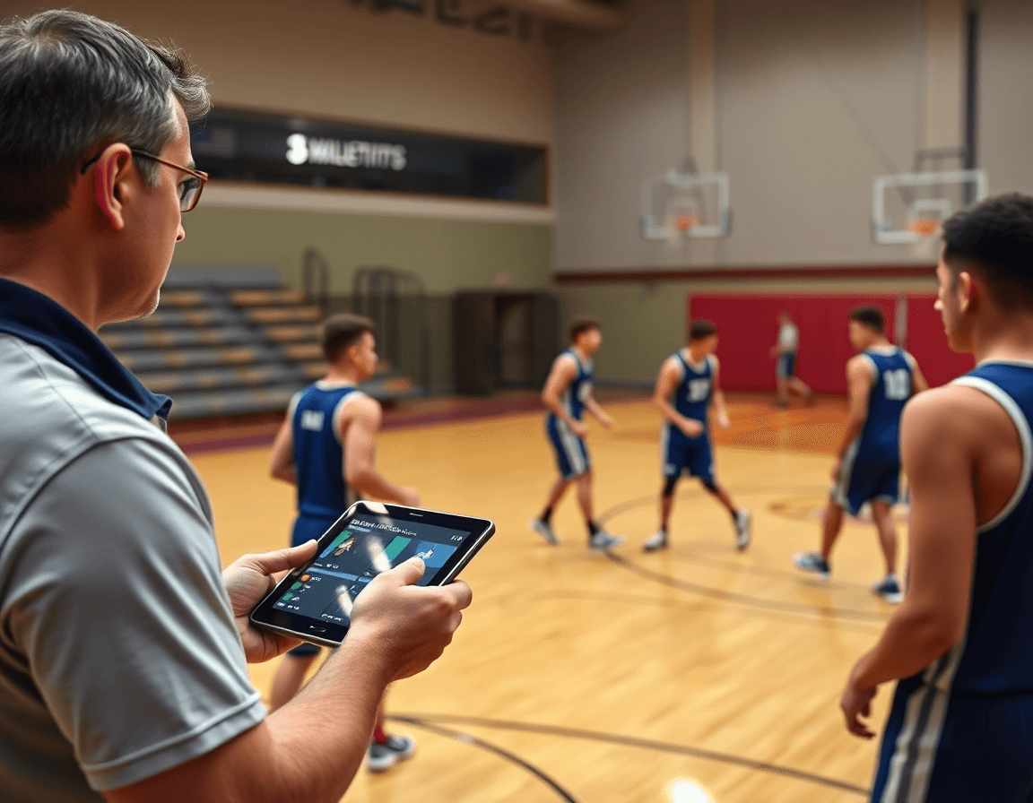 Trener košarke nemačke gleda video klipove na tabletu dok basketball vežba na terenu uz beleške.
