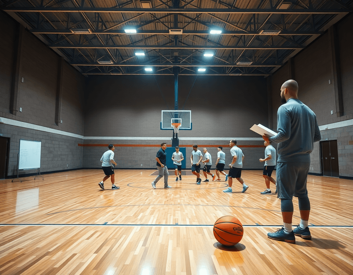 trener kosarke novi sad vodi tim tokom treninga u basketball dvorani, na drvenom podu.