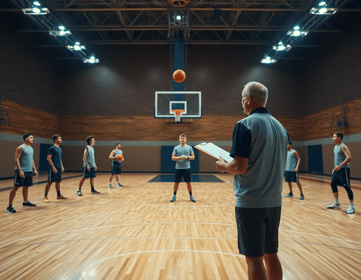 trener kosarke pesic vodi praksu u dvorani, fokus na timskoj basketbol igri i taktici.