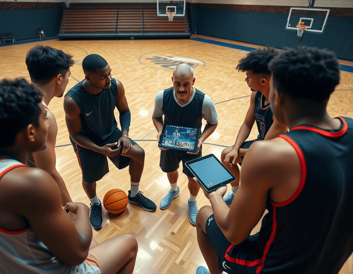 Video klip na table; igrači u basketball terenu slušaju objašnjenje iz skola kosarke brace jerkovic.