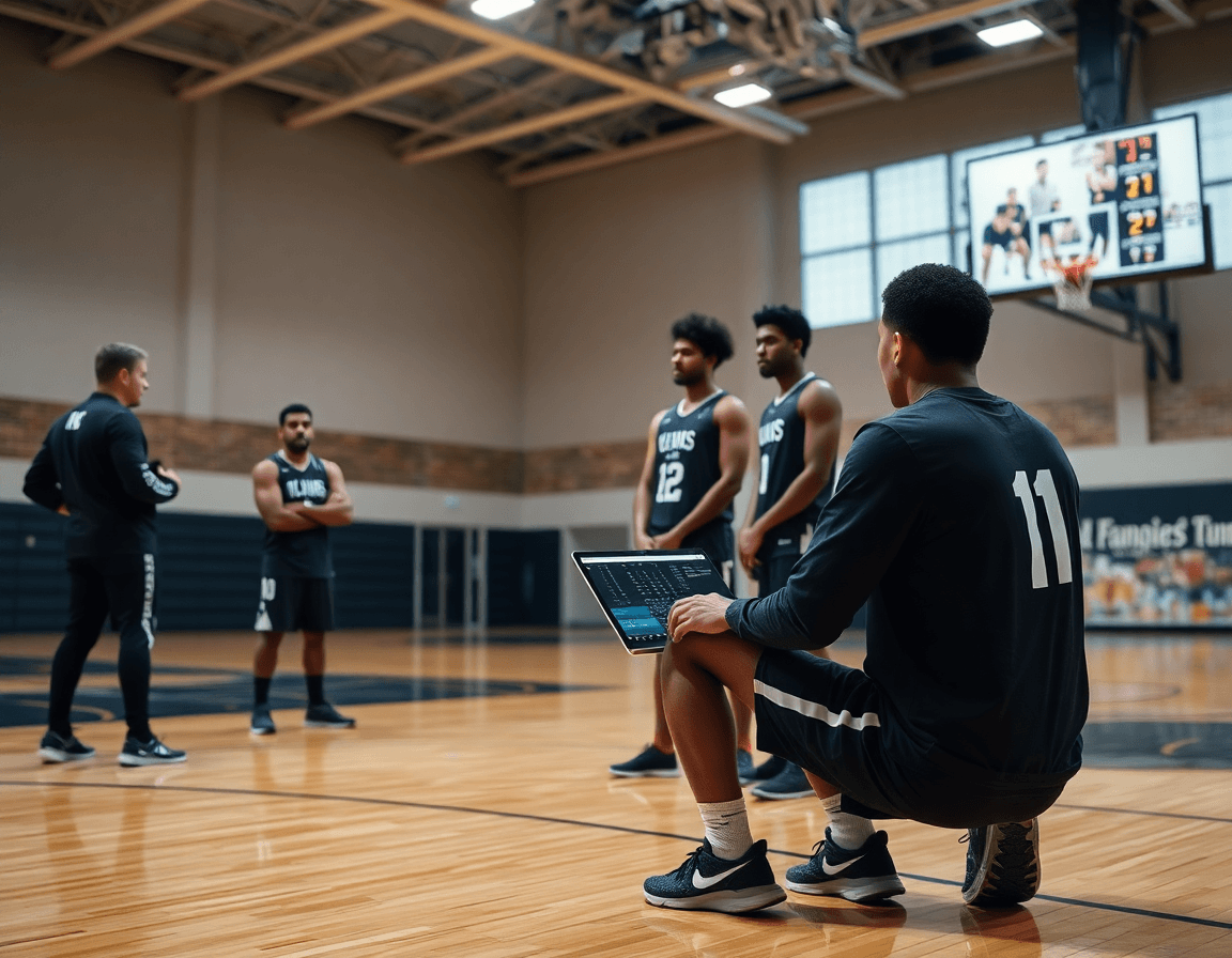 Trener organizuje playlistu na laptopu dok igrači na basketball terenu gledaju snimke iz skola kosarke brace jerkovic.