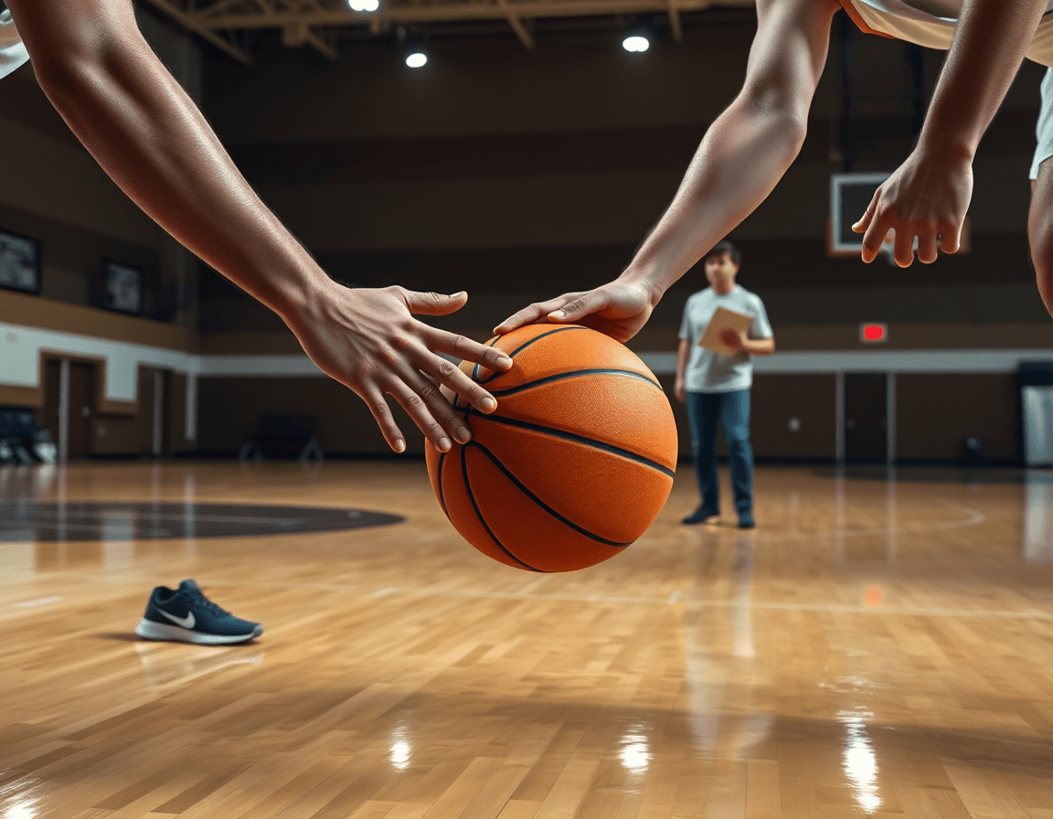 Kratka scena ruke dva igrača dodaju loptu tokom vežbe; kosarka nba motiv u dvorani.