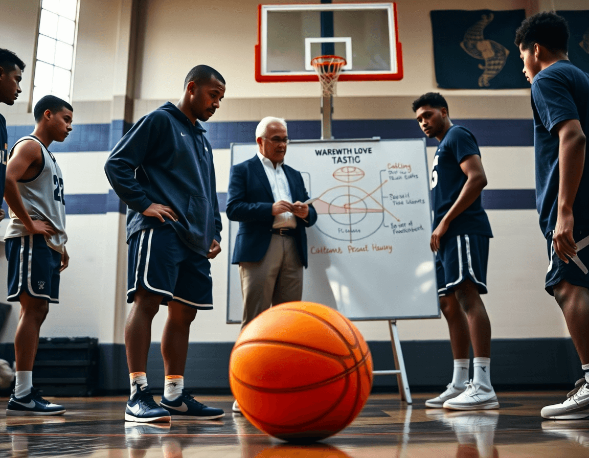 Trener stoji pored taktičke table dok igrači prate plan; kosarka nba atmosfera u dvorani.