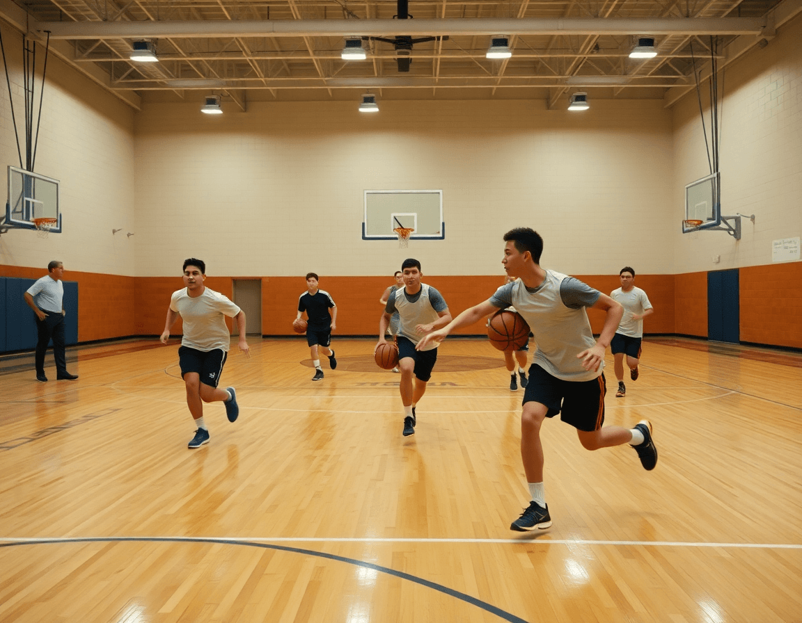 Širi kadar punog terena; igrači trče i drže loptu, kosarka nba energija u prvom planu.