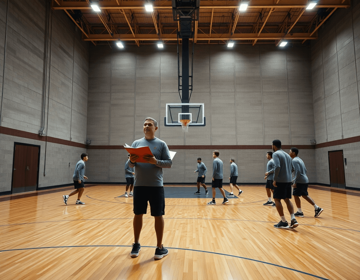 Širok kadar u dvorani za košarku, trener sa tablom vodi kosarka nba atmosferu tokom treninga.