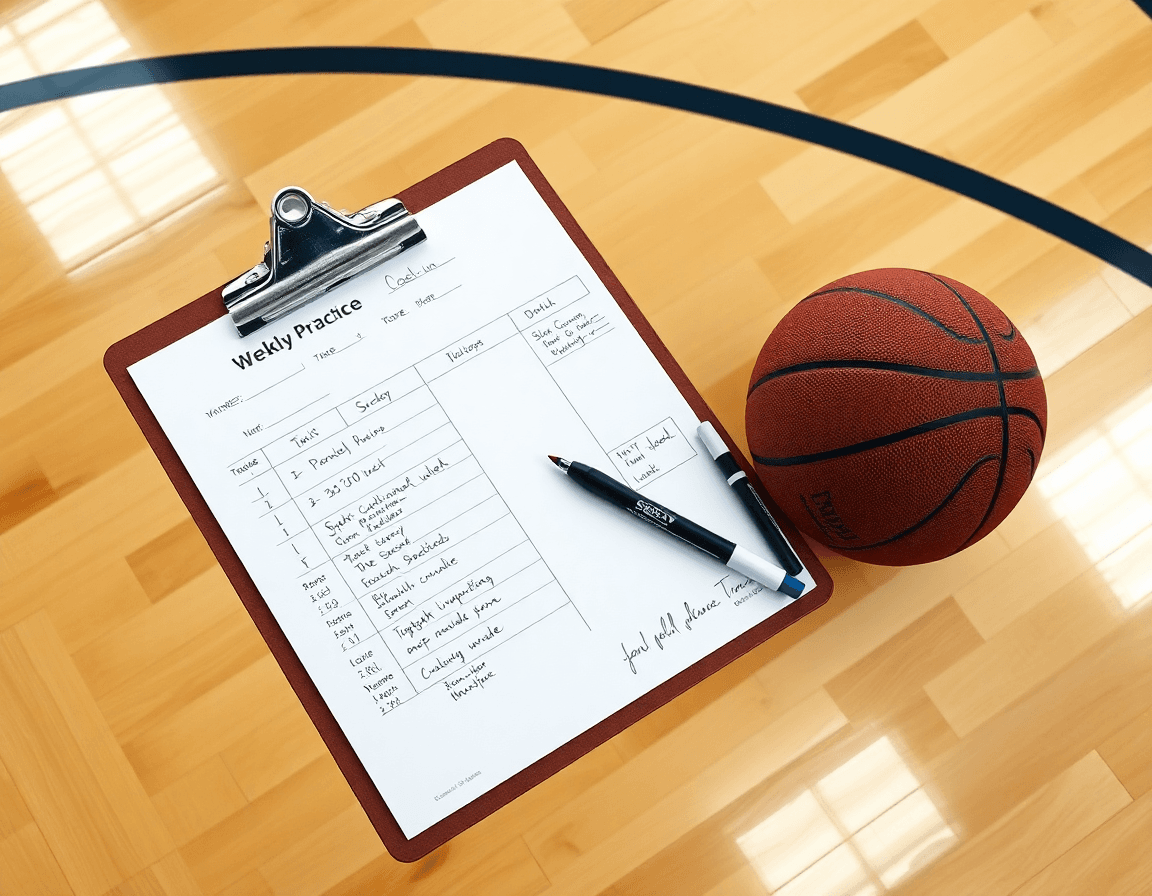 Coach's weekly practice plan on a clipboard