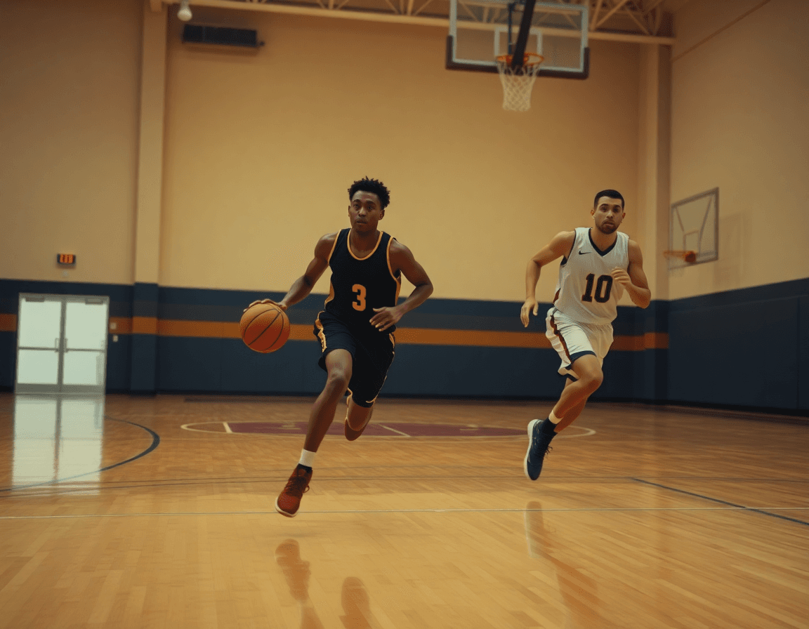 Players running a fast-break drill in practice