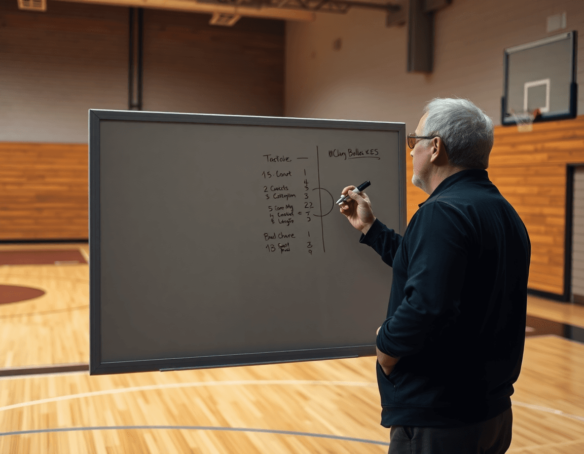 Coach explaining tactics on a gym whiteboard