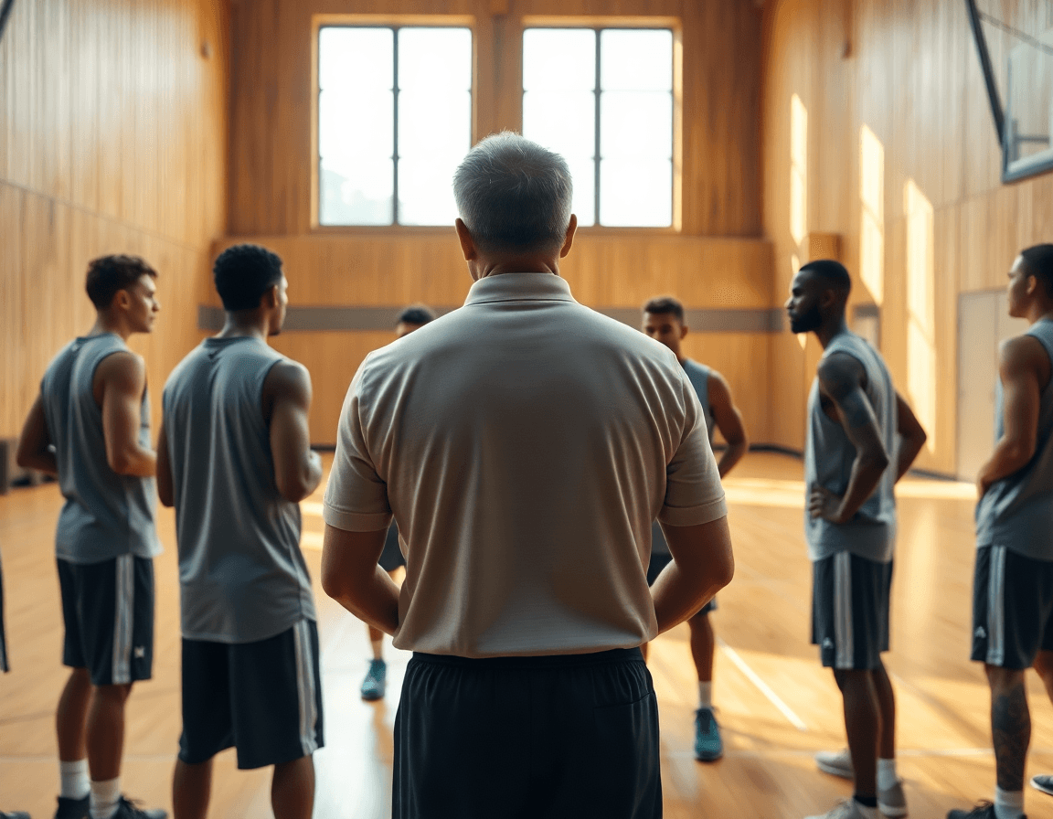 Basketball coach leading a team practice in a gym