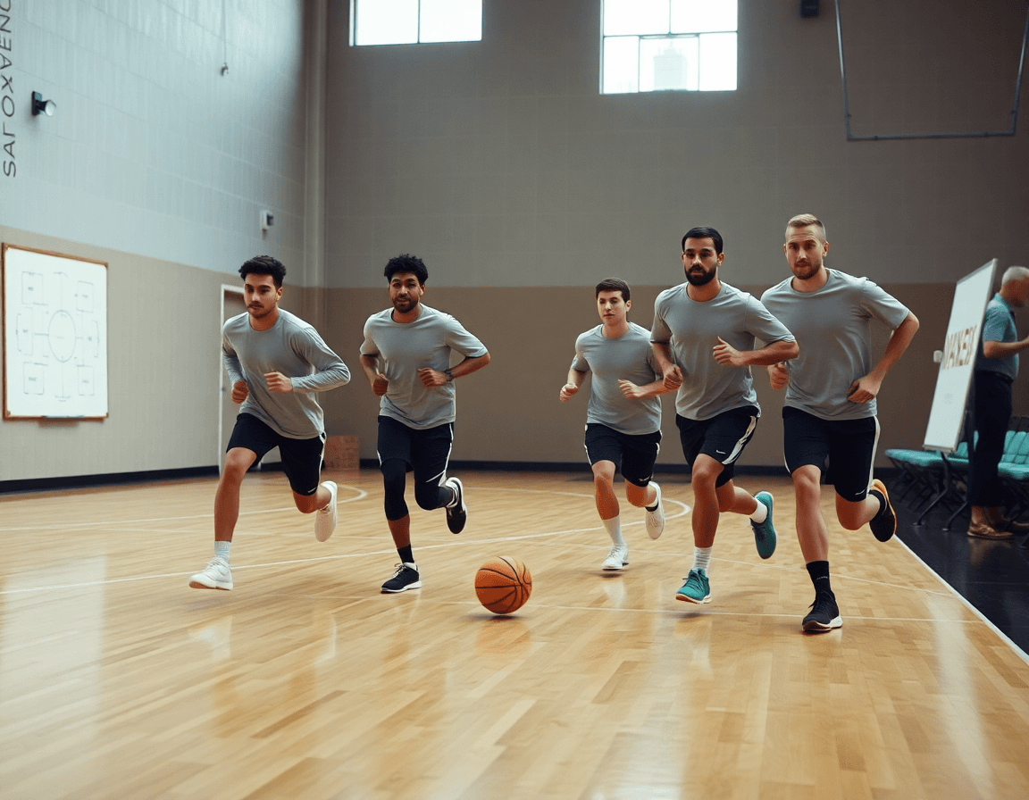 Nastupni kadar: kosarka trening Novi Sad, trener sa tablom pokazuje poteze dok igrači vežbaju.