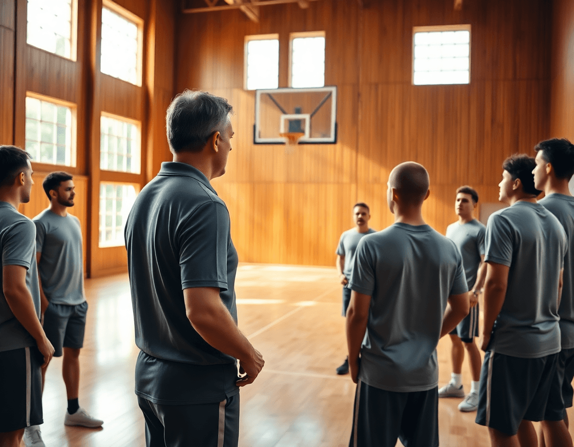 Basketball coach leading a team practice in a gym