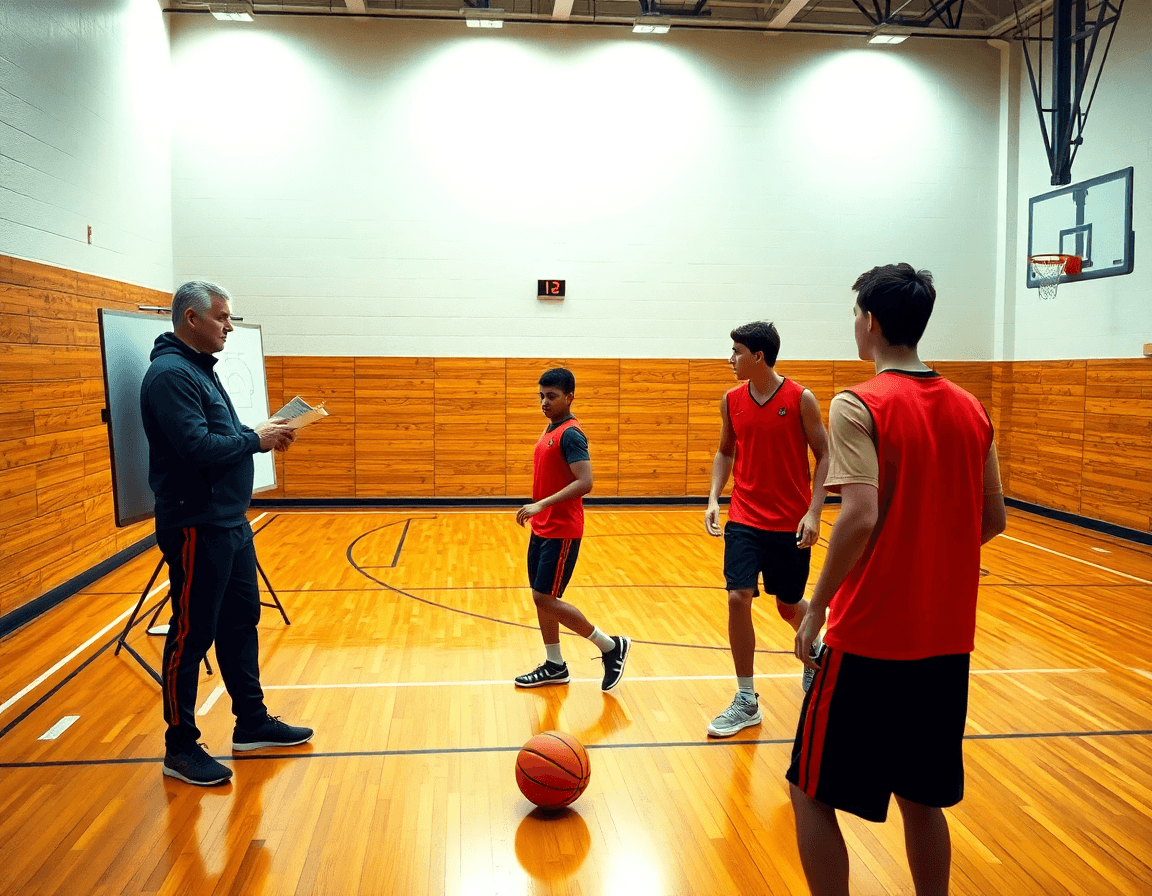 Košarkaška škola croatia: trener uz tablu vodi tim dok se vežba basketball na hrastovom terenu.