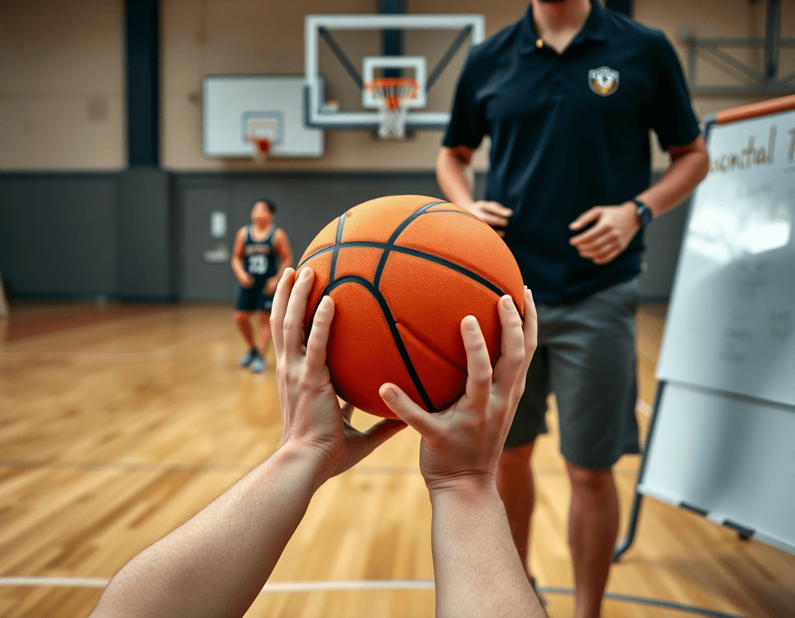 Ruke drže loptu dok trener pokazuje na tabli dok se vežba basketball u dvorani.