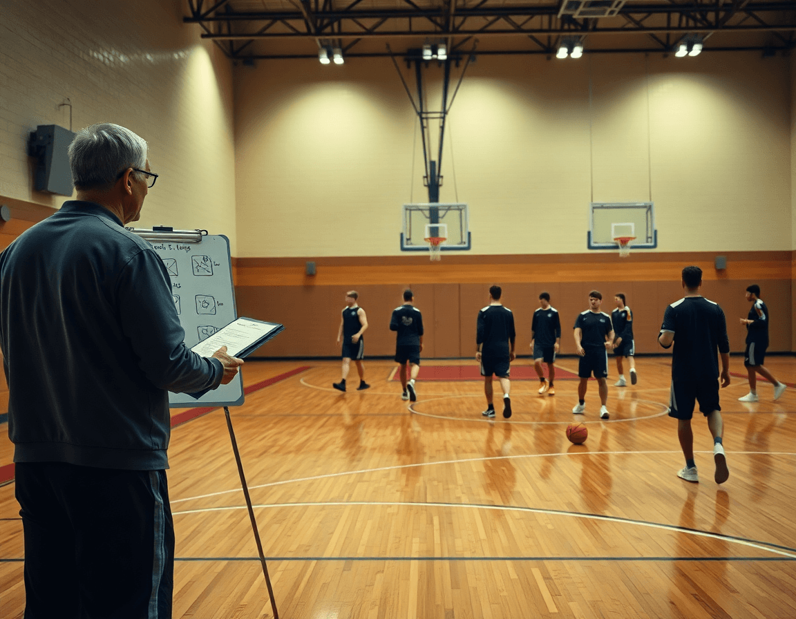 košarkaška škola croatia: trener stoji pored tabele dok tim vežba basketball na velikoj dvorani.