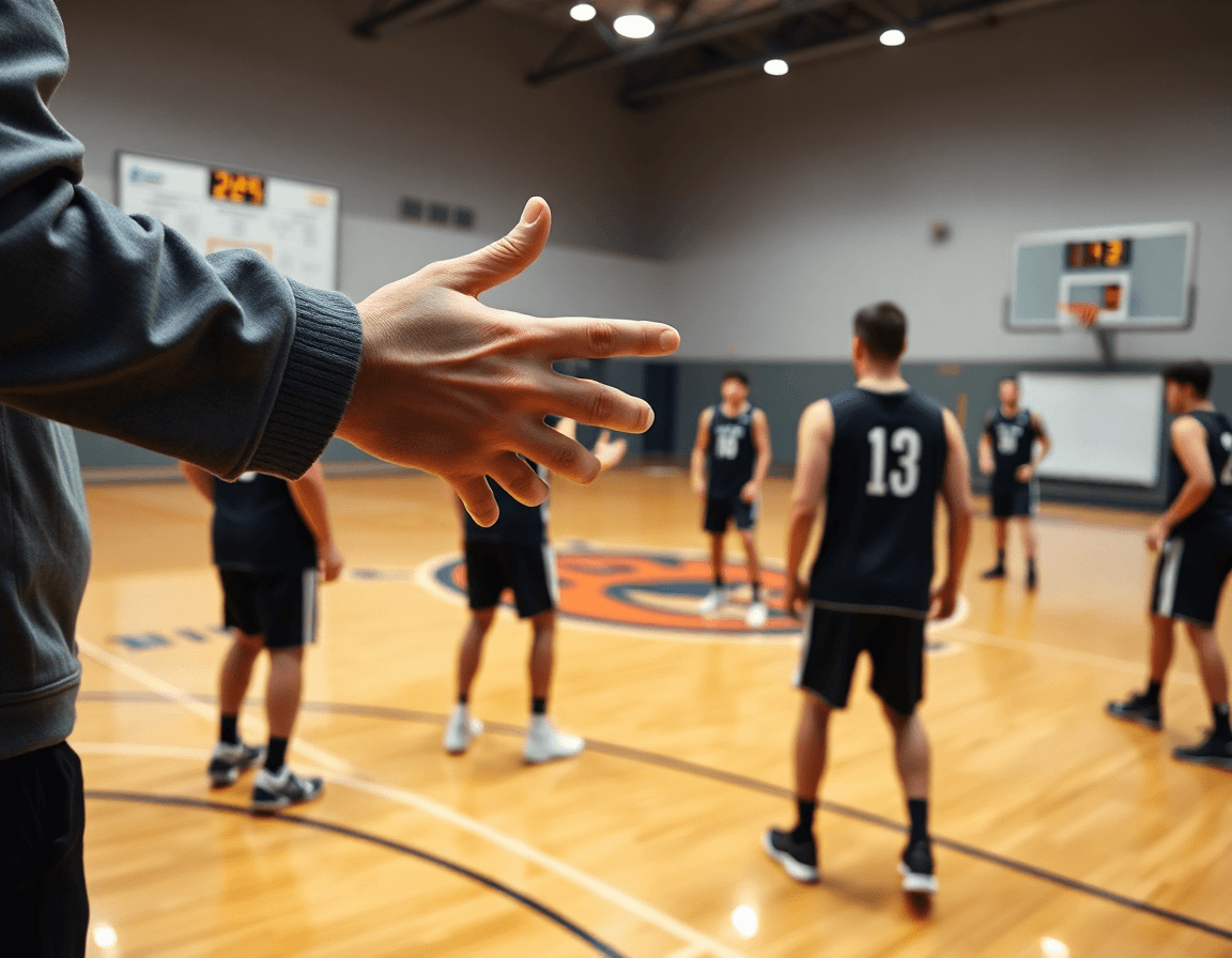 kosarkaski sudija staje pored trenera dok se basketball drill odvija na polukrugom.