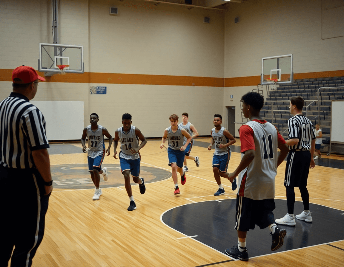 kosarkaski sudija promatra fokusirani napad dok tim izvodi play u basketball teretani.