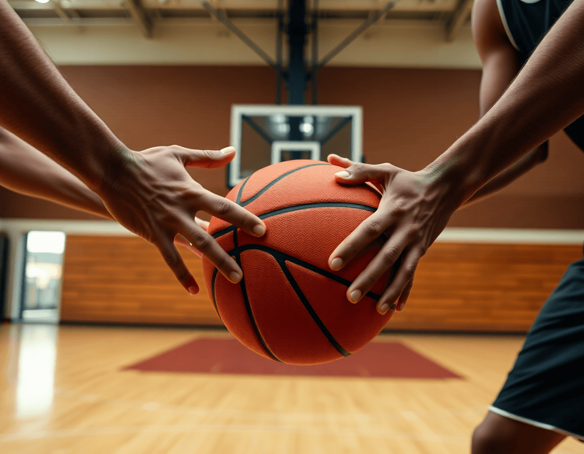 kosarkaski sudija nadgleda završnu akciju dok igrači koriste tablu za basketball planiranje.