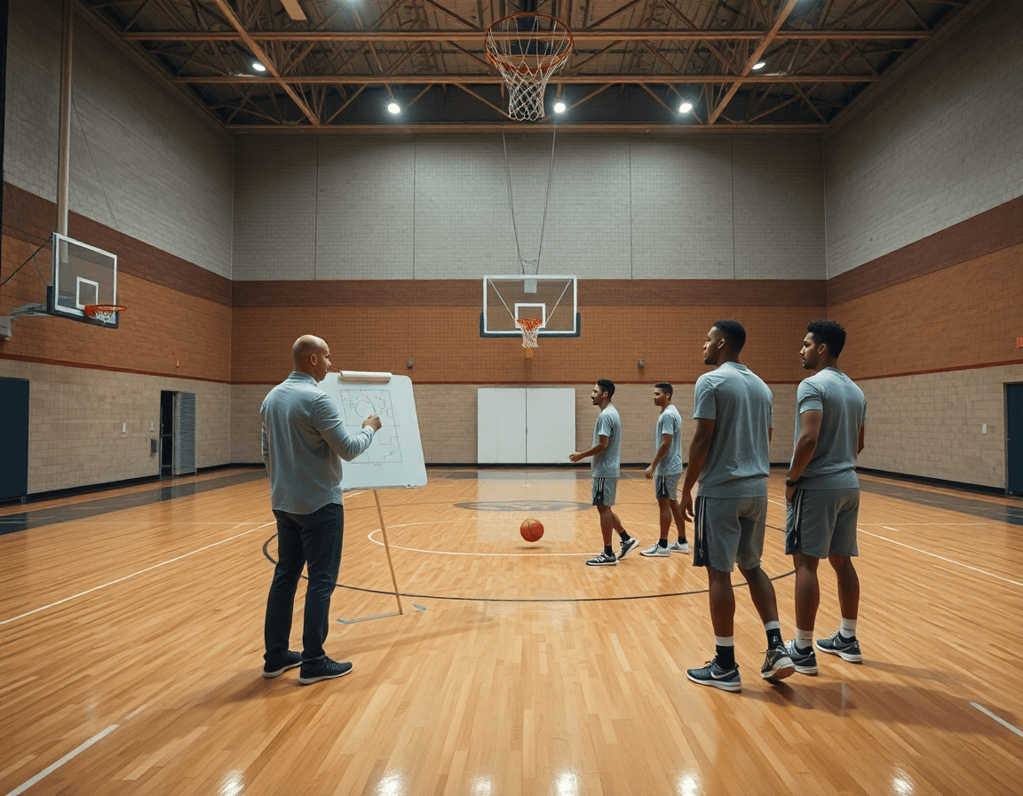 kosarkaski sudija gleda dok trener koristi tablu za basketbol i planira basketball sesiju u teretani.