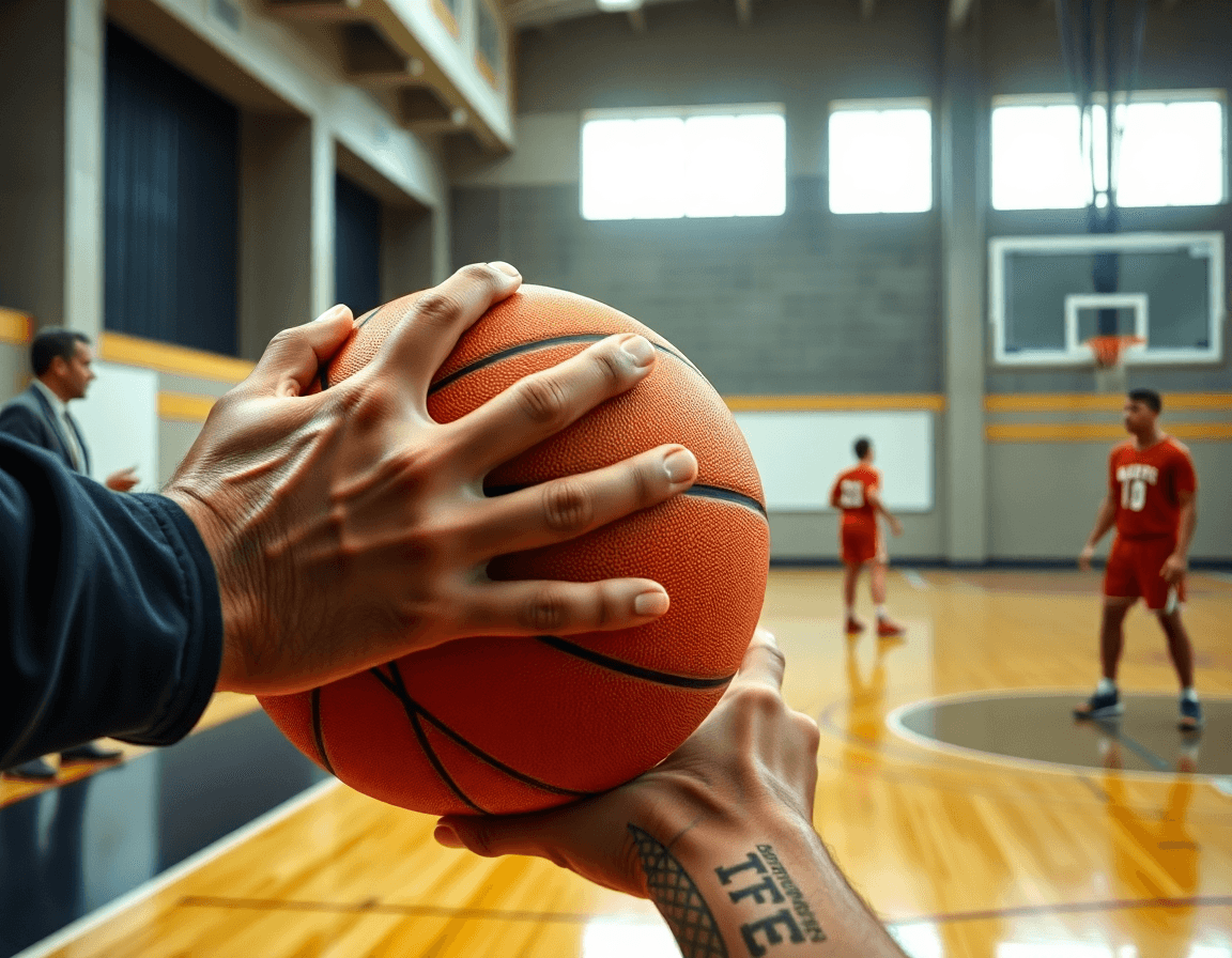 Detaj na ruci drži basketball tokom zahvata u drilu dodavanja na terenu.