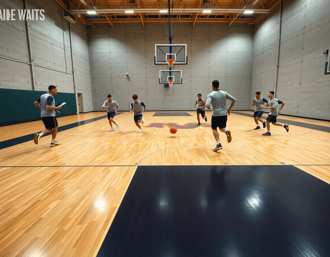 Pogled na kosarkaski trening za mladje kategorije: igrači trče kroz teren tokom full court drill.
