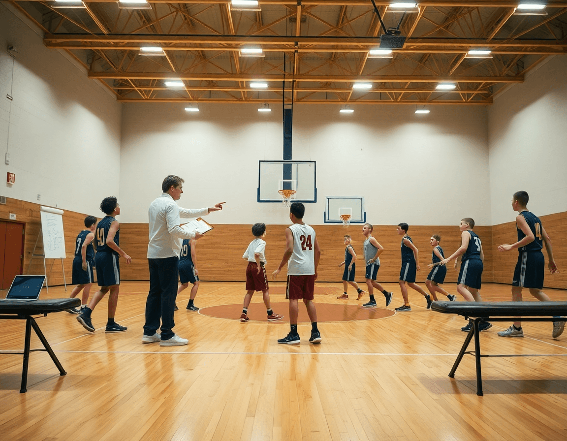 Basketball coach leading a team practice in a gym